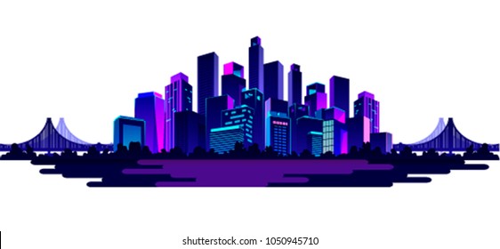 Vector illustration of a night glowing neon silhouette of a city near a river isolated on a white background