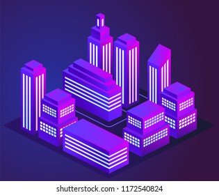 Vector illustration of a night glowing neon city. Bright and glowing neon purple and blue lights. Neon city landscape. EPS 10