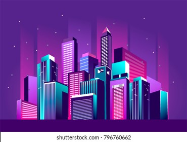 Vector illustration of a night glowing neon city a multi-storey group of buildings in a bright glow of festivities