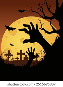 Noche de Ilustración vectorial de Halloween en el paisaje del cementerio y el surgimiento del zombi muerto. Fondo de dibujos animados Halloween