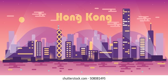 Vector illustration of night Hong Kong . vector illustration