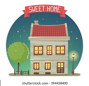 Vector Illustration Of Night House With Street Lamp And Tree In Dark Blue Sky Circle On White Background. Art Design For Web, Site, Advertising, Banner, Poster, Brochure, Board, Card, Paper Print.