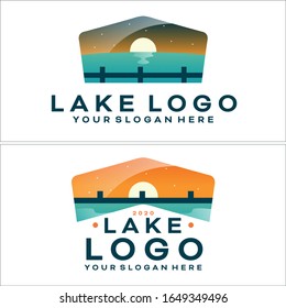 Vector illustration night lake. Moon star, bridge modern symbol logo suitable for outdoor recreation environmental. travel sunsets.