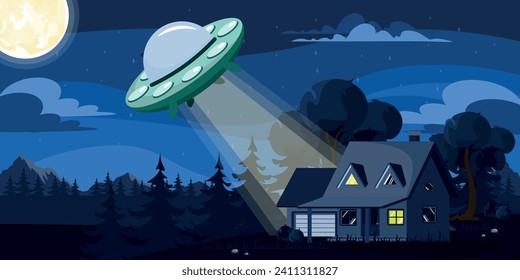 Vector illustration of a night landscape with an alien UFO. Cartoon scene with a house in the forest and a UFO flying saucer, trees, Christmas trees, mountains, a full moon in the sky.