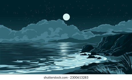 Vector illustration of night landscape at beach with rocks and hills