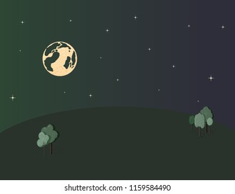 Vector illustration of night landscape. Dark background with trees, moon and stars. Star sky summer outdoor template. 