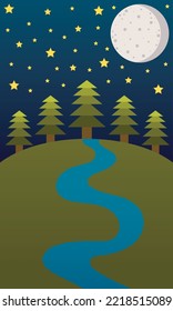 vector illustration of night landscape, forest with river at night, with stars, sky, trees and moon