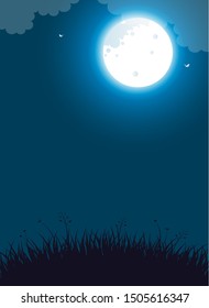 Vector illustration of night landscape with full moon and flying butterflies