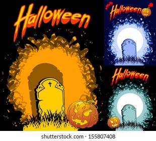 Vector illustration of a night landscape with a grave and bats