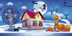 Vector Illustration Of A Night Landscape Of Halloween With A Haunted House, A Scarecrow, A Flying Witch, Owl, The Raven And The Skeleton