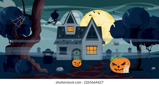 Vector illustration of a night landscape for Halloween. Cartoon mystical night landscape with house, cemetery, pumpkins, candles, trees with webs and spiders and full moon with bats.