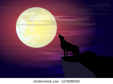 Vector illustration of a night landscape. A howling wolf against the backdrop of a large moon on a ledge of a rock. Can be used for travel or banners, poster design, desktop.