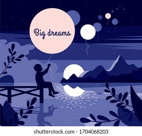 Vector illustration of night landscape with a lonely child launching a balloon into the sky with his big dreams. Luminous lantersn under the sea. Can be used on poster, gift card, flyer, banner.