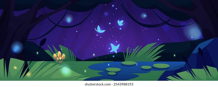 Vector illustration of a night landscape with a magical swamp with glowing magic butterflies, trees and a blue sky for game landscapes with a magical atmosphere