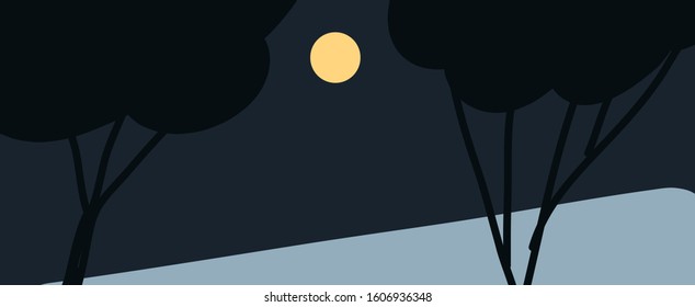 Vector illustration of night landscape. Moon and trees in the nighttime. Moonlight.