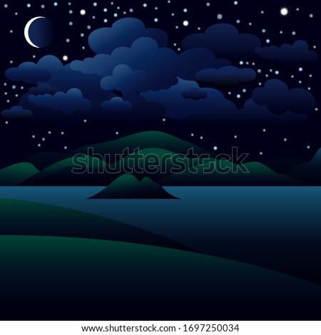 Vector illustration. Night landscape. The moon and stars in the sky. The shore of the reservoir.