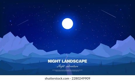 Vektorgrafik. Nachtlandschaft. Gebirge im Mondenschein. Atmosphärischer Hintergrund.