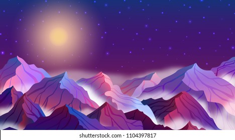 Vector illustration of night landscape with mountains, stars, full moon, beautiful sky