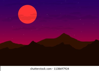 Vector illustration of night landscape with a mountains full moon and a starry sky