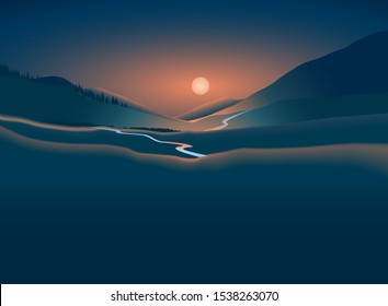 Vector illustration. Night landscape with mountains, moon and river. Sunset. Rising.
