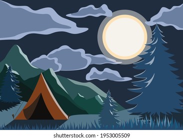 Vector illustration, night landscape in the mountains with a tent. The concept of travel, summer outdoor activities.