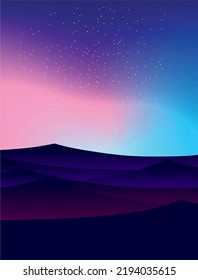 Vector illustration of night landscape with mountains Silhouette, starry sky and purple and green aurora borealis