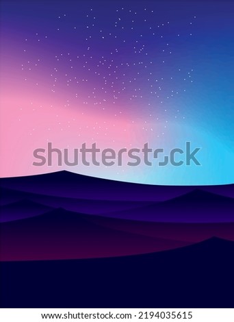 Vector illustration of night landscape with mountains Silhouette, starry sky and purple and green aurora borealis
