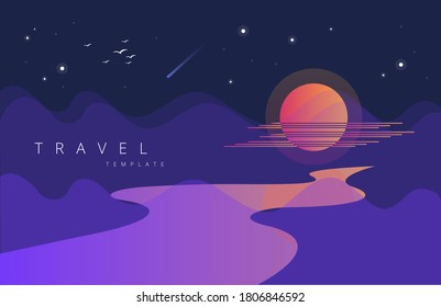 
vector illustration - night landscape with river and starry sky