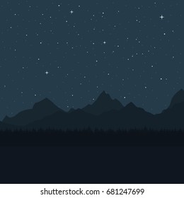 Vector illustration. Night landscape. Silhouettes of mountains and forests on the background of the starry sky.