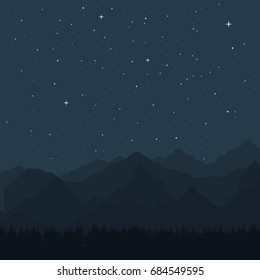 Vector illustration. Night landscape. Silhouettes of mountains and forests on the background of the starry sky.