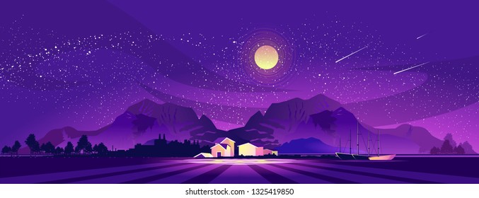 vector illustration, night landscape, small village, farm, in the mountainous area on the bank of the abstract sea, brightly shine the moon,