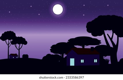 Vector illustration, night landscape, small village, farm, star and dark blue sky, brightly shine the moon.