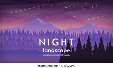 Vector illustration. Night landscape. Starry sky with comets. Purple colors. Forest with mountains. Design for wallpaper, poster, greeting or tourism card.