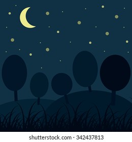 Vector illustration. Night landscape with starry sky and silhouettes of trees