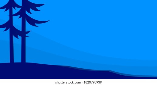 Vector illustration. Night landscape with two pines. Blue background with place for text.