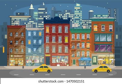 Vector illustration of night Manhattan with retro houses with shops and taxis and skyscrapers in background. Night city. Cityscape. Night skyline. Flat style.