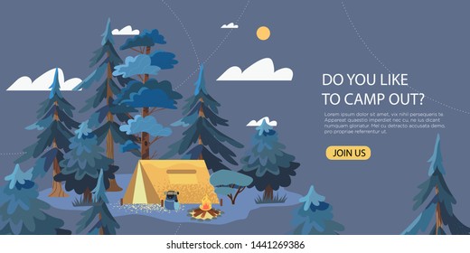 Vector illustration of a night meadow in the wild forest, mountains and a river view. Wallpaper, flyer, banner, landing page. Camping place with a tent for a campout or hike in the wood.