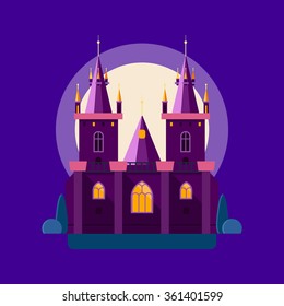 Vector illustration of a of a night medieval castle in linear flat style. Colorful gothic palace with towers, stained glass windows, columns and garden plantings on background of night sky and moon. 