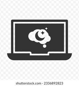 Vector illustration of night mode laptops icon in dark color and transparent background(PNG).