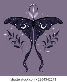 Vector illustration of night moon moth. For print for T-shirts and bags, decor element. Mystical and magical, astrology illustration