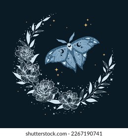 Vector illustration of night moon moth and floral crescent. For print for T-shirts and bags, decor element. Mystical and magical, astrology illustration