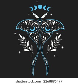 Ilustración vectorial de la polilla lunar nocturna. Para imprimir camisetas y bolsos, elemento decorativo. Ilustración mística y mágica, astrología