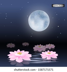 Vector illustration night moon over water pink Lotus flowers lot in the dark