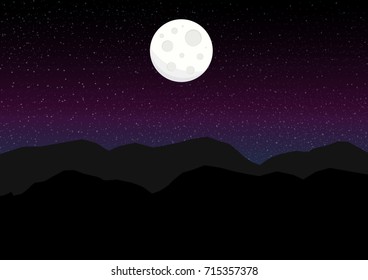 Vector illustration of night mountain with full moon and stars.