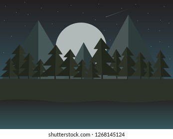 vector illustration of night mountain landscape, green glade on the bank of the river near the forest against the starry sky
