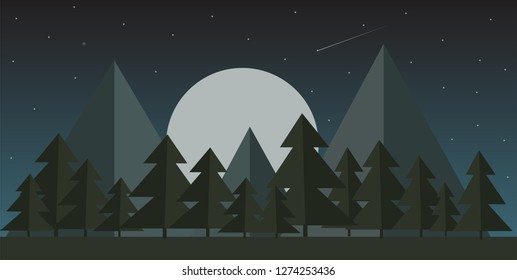 vector illustration of night mountain landscape, green glade near the forest against the starry sky
