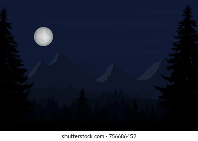 Vector illustration of a night mountain landscape with a forest and moon full moon under a blue sky with clouds