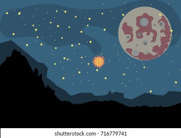 Vector illustration of night mountain with planet, sun and stars.
