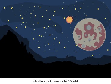 Vector illustration of night mountain with planet, sun and stars.