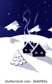 vector illustration of night mountain view in winter time